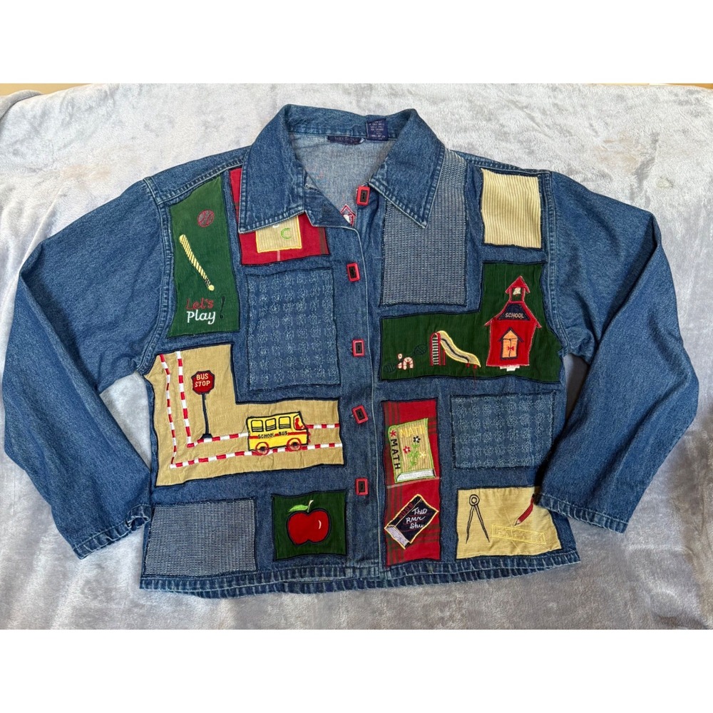 Vtg. Life Style Denim Teacher Jacket Patchwork School Bus Apple Blue L Cottage